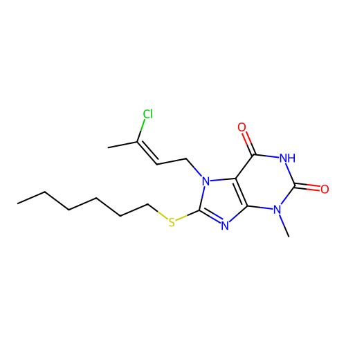 7-(3-Chloro-but-2-enyl)-8-hexylsulfanyl-3-methyl-3,7-dihydro-purine-2,6-dione structure