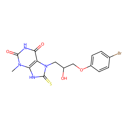 7-[3-(4-bromophenoxy)-2-hydroxypropyl]-3-methyl-8-sulfanyl-3,7-dihydro-1H-purine-2,6-dione structure