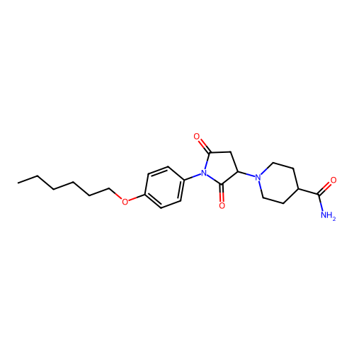 1-[1-(4-Hexoxyphenyl)-2,5-dioxopyrrolidin-3-yl]piperidine-4-carboxamide structure