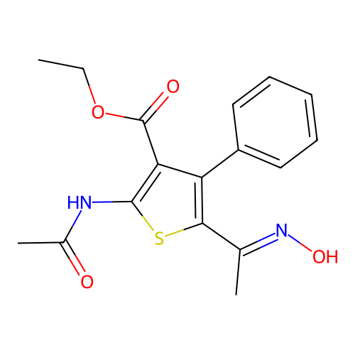 Ethyl 2-acetamido-5-(1-(hydroxyimino)ethyl)-4-phenylthiophene-3-carboxylate structure
