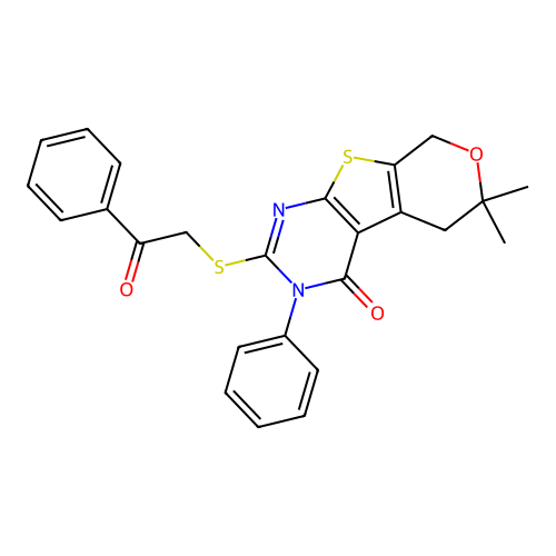 6,6-dimethyl-2-[(2-oxo-2-phenylethyl)sulfanyl]-3-phenyl-3,5,6,8-tetrahydro-4H-pyrano[4',3':4,5]thieno[2,3-d]pyrimidin-4-one structure