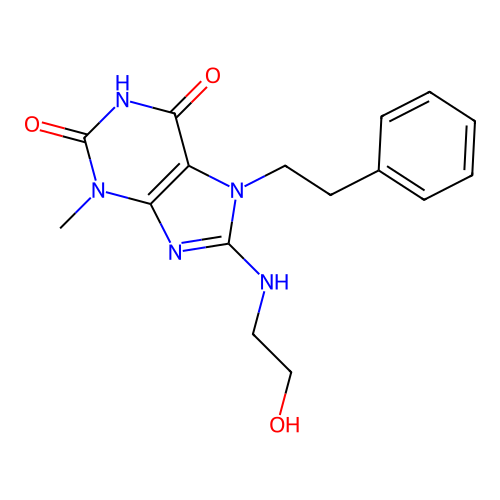 8-((2-hydroxyethyl)amino)-3-methyl-7-phenethyl-1H-purine-2,6(3H,7H)-dione structure