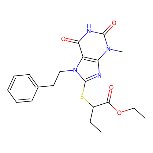 ethyl 2-{[3-methyl-2,6-dioxo-7-(2-phenylethyl)-2,3,6,7-tetrahydro-1H-purin-8-yl]sulfanyl}butanoate structure