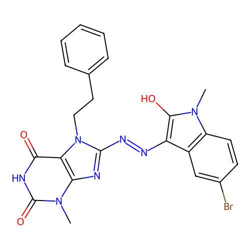 (E)-8-(2-(5-bromo-1-methyl-2-oxoindolin-3-ylidene)hydrazinyl)-3-methyl-7-phenethyl-1H-purine-2,6(3H,7H)-dione structure