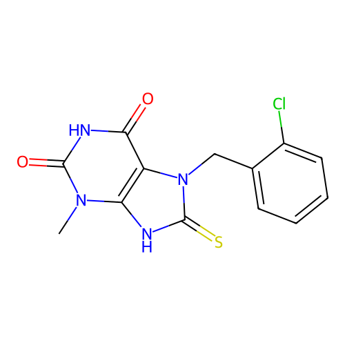 7-(2-chlorobenzyl)-3-methyl-8-sulfanyl-3,7-dihydro-1H-purine-2,6-dione structure
