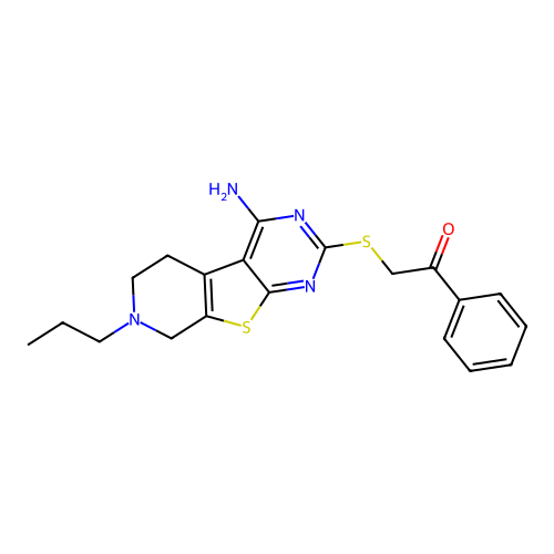 2-((4-amino-7-propyl-5,6,7,8-tetrahydropyrido[4',3':4,5]thieno[2,3-d]pyrimidin-2-yl)thio)-1-phenylethanone structure