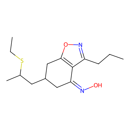 (Z)-6-(2-(ethylthio)propyl)-3-propyl-6,7-dihydrobenzo[d]isoxazol-4(5H)-one oxime structure