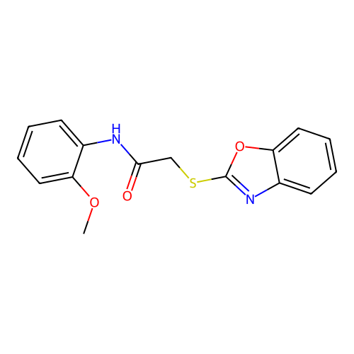 2-(1,3-benzoxazol-2-ylthio)-N-(2-methoxyphenyl)acetamide structure