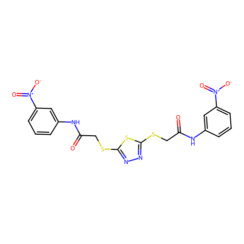 2,2'-(1,3,4-thiadiazole-2,5-diyldisulfanediyl)bis[N-(3-nitrophenyl)acetamide] structure