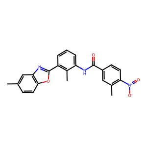 3-methyl-N-[2-methyl-3-(5-methyl-1,3-benzoxazol-2-yl)phenyl]-4-nitrobenzamide structure