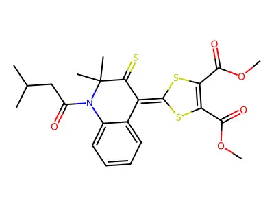 dimethyl 2-[2,2-dimethyl-1-(3-methylbutanoyl)-3-sulfanylidenequinolin-4-ylidene]-1,3-dithiole-4,5-dicarboxylate structure