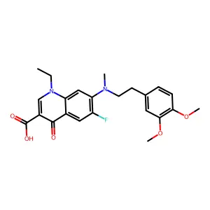 7-((3,4-dimethoxyphenethyl)(methyl)amino)-1-ethyl-6-fluoro-4-oxo-1,4-dihydroquinoline-3-carboxylic acid structure