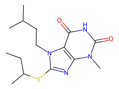 8-(sec-butylthio)-7-isopentyl-3-methyl-1H-purine-2,6(3H,7H)-dione structure