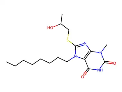 8-[(2-hydroxypropyl)sulfanyl]-3-methyl-7-octyl-3,7-dihydro-1H-purine-2,6-dione structure