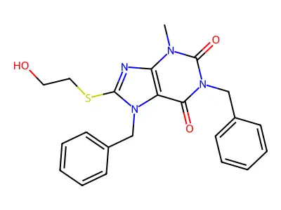 1,7-dibenzyl-8-((2-hydroxyethyl)thio)-3-methyl-1H-purine-2,6(3H,7H)-dione structure