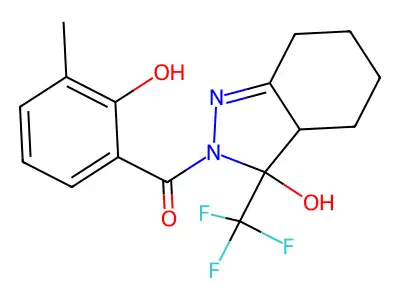 (2-hydroxy-3-methylphenyl)-[3-hydroxy-3-(trifluoromethyl)-4,5,6,7-tetrahydro-3aH-indazol-2-yl]methanone structure