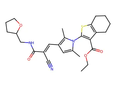 (E)-ethyl 2-(3-(2-cyano-3-oxo-3-(((tetrahydrofuran-2-yl)methyl)amino)prop-1-en-1-yl)-2,5-dimethyl-1H-pyrrol-1-yl)-4,5,6,7-tetrahydrobenzo[b]thiophene-3-carboxylate structure