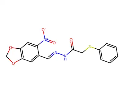 N-[(6-nitro-1,3-benzodioxol-5-yl)methylideneamino]-2-phenylsulfanylacetamide structure