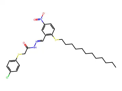 2-(4-chlorophenyl)sulfanyl-N-[(2-dodecylsulfanyl-5-nitro-phenyl)methylideneamino]acetamide structure