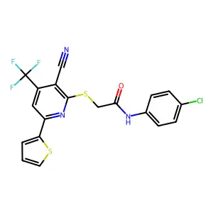 N-(4-CL-PH)-2-((3-Cyano-6-(2-thienyl)-4-(tri-F-ME)-2-pyridinyl)thio)acetamide structure