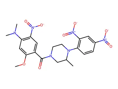 1-{2,4-bisnitrophenyl}-4-{4-(dimethylamino)-5-nitro-2-methoxybenzoyl}-2-methylpiperazine structure