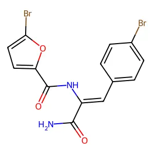N-[(E)-3-amino-1-(4-bromophenyl)-3-oxoprop-1-en-2-yl]-5-bromofuran-2-carboxamide structure