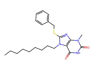 8-(benzylsulfanyl)-3-methyl-7-nonyl-3,7-dihydro-1H-purine-2,6-dione structure