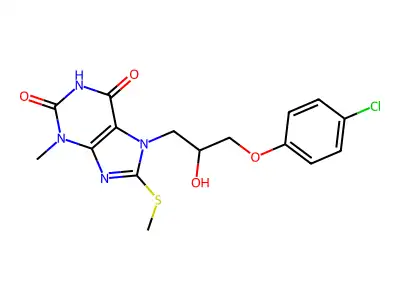 7-(3-(4-chlorophenoxy)-2-hydroxypropyl)-3-methyl-8-(methylthio)-1H-purine-2,6(3H,7H)-dione structure