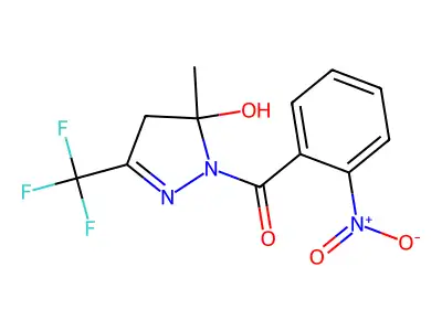 1-{2-nitrobenzoyl}-5-methyl-3-(trifluoromethyl)-4,5-dihydro-1H-pyrazol-5-ol structure