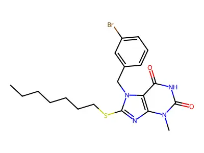7-[(3-Bromophenyl)methyl]-8-heptylsulfanyl-3-methylpurine-2,6-dione structure