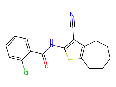 2-chloro-N-(3-cyano-5,6,7,8-tetrahydro-4H-cyclohepta[b]thiophen-2-yl)benzamide structure