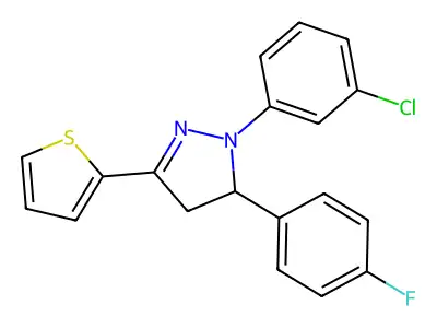1-(3-chlorophenyl)-5-(4-fluorophenyl)-3-(2-thienyl)-4,5-dihydro-1H-pyrazole structure