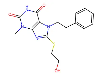 8-((2-hydroxyethyl)thio)-3-methyl-7-phenethyl-1H-purine-2,6(3H,7H)-dione structure