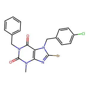 1-benzyl-8-bromo-7-(4-chlorobenzyl)-3-methyl-3,7-dihydro-1H-purine-2,6-dione structure
