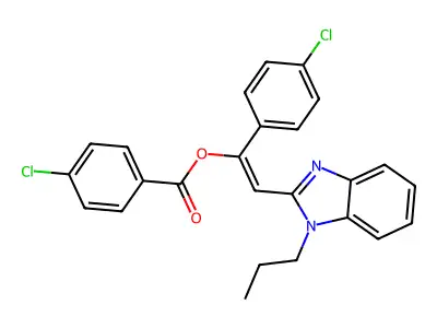 (E)-1-(4-chlorophenyl)-2-(1-propyl-1H-benzimidazol-2-yl)ethenyl 4-chlorobenzoate structure