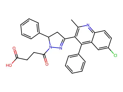 4-(3-(6-chloro-2-methyl-4-phenylquinolin-3-yl)-5-phenyl-4,5-dihydro-1H-pyrazol-1-yl)-4-oxobutanoic acid structure