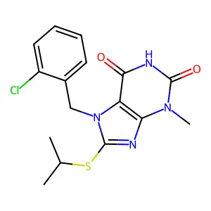 7-[(2-Chlorophenyl)methyl]-3-methyl-8-propan-2-ylsulfanylpurine-2,6-dione structure