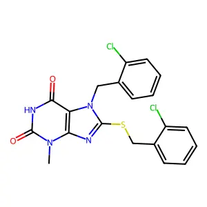 7-(2-chlorobenzyl)-8-[(2-chlorobenzyl)sulfanyl]-3-methyl-3,7-dihydro-1H-purine-2,6-dione structure