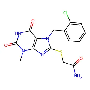 2-[7-[(2-Chlorophenyl)methyl]-3-methyl-2,6-dioxopurin-8-yl]sulfanylacetamide structure