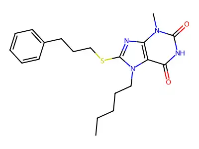 3-methyl-7-pentyl-8-[(3-phenylpropyl)sulfanyl]-3,7-dihydro-1H-purine-2,6-dione structure