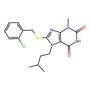 8-[(2-Chlorophenyl)methylsulfanyl]-3-methyl-7-(3-methylbutyl)purine-2,6-dione structure
