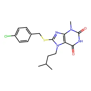 8-[(4-Chlorophenyl)methylsulfanyl]-3-methyl-7-(3-methylbutyl)purine-2,6-dione structure