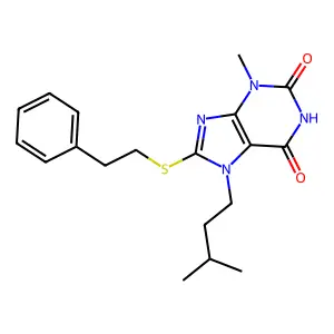 7-isopentyl-3-methyl-8-(phenethylthio)-1H-purine-2,6(3H,7H)-dione structure