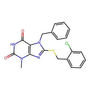 7-Benzyl-8-(2-chloro-benzylsulfanyl)-3-methyl-3,7-dihydro-purine-2,6-dione structure