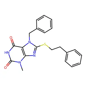 7-benzyl-3-methyl-8-(phenethylthio)-1H-purine-2,6(3H,7H)-dione structure