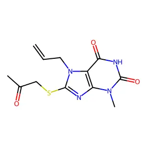 7-allyl-3-methyl-8-[(2-oxopropyl)sulfanyl]-3,7-dihydro-1H-purine-2,6-dione structure