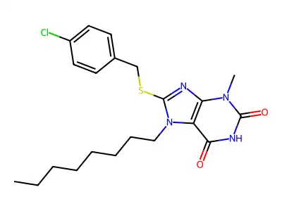8-[(4-chlorobenzyl)sulfanyl]-3-methyl-7-octyl-3,7-dihydro-1H-purine-2,6-dione structure