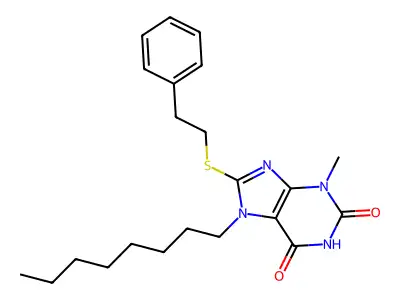 3-methyl-7-octyl-8-[(2-phenylethyl)sulfanyl]-3,7-dihydro-1H-purine-2,6-dione structure