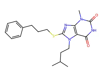 3-Methyl-7-(3-methylbutyl)-8-(3-phenylpropylsulfanyl)purine-2,6-dione structure
