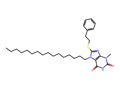 7-hexadecyl-3-methyl-8-[(2-phenylethyl)sulfanyl]-3,7-dihydro-1H-purine-2,6-dione structure